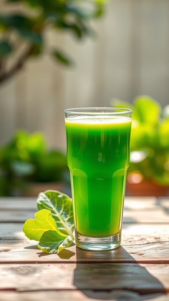 Health Benefits of Cabbage Juice A glass of fresh cabbage juice with cabbage leaves on a wooden table.